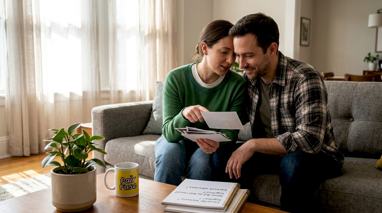 Couple reviewing printed photos at home
