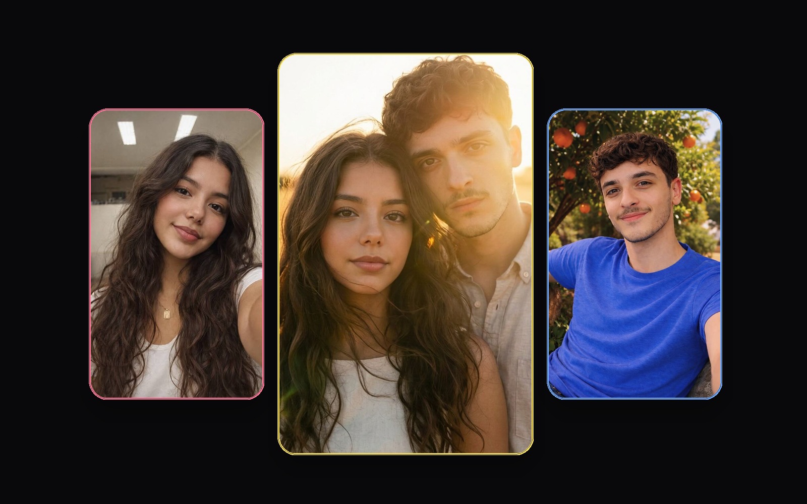 Golden hour collage with source portraits and realistic AI couple result