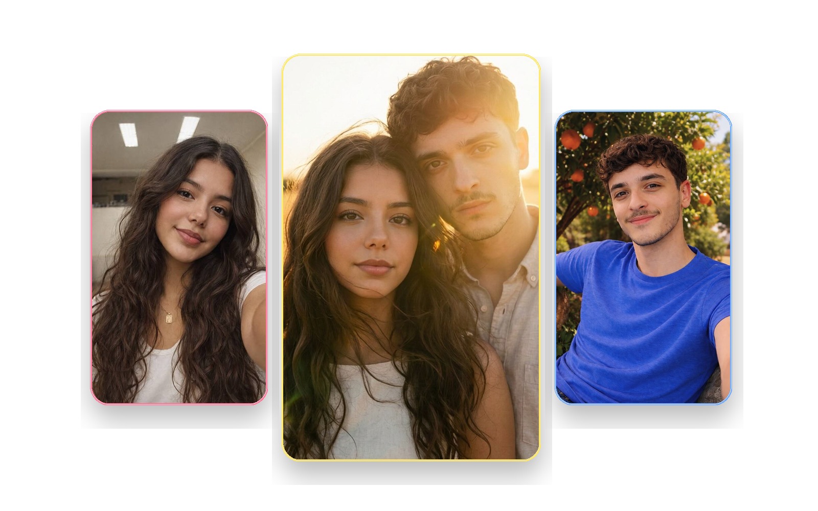 Golden hour collage with source portraits and realistic AI couple result