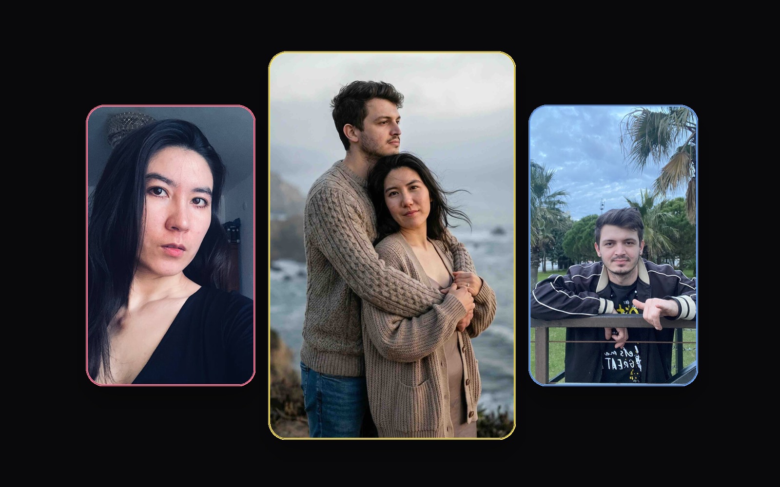 Golden hour collage showing two separate source photos and the AI couple result