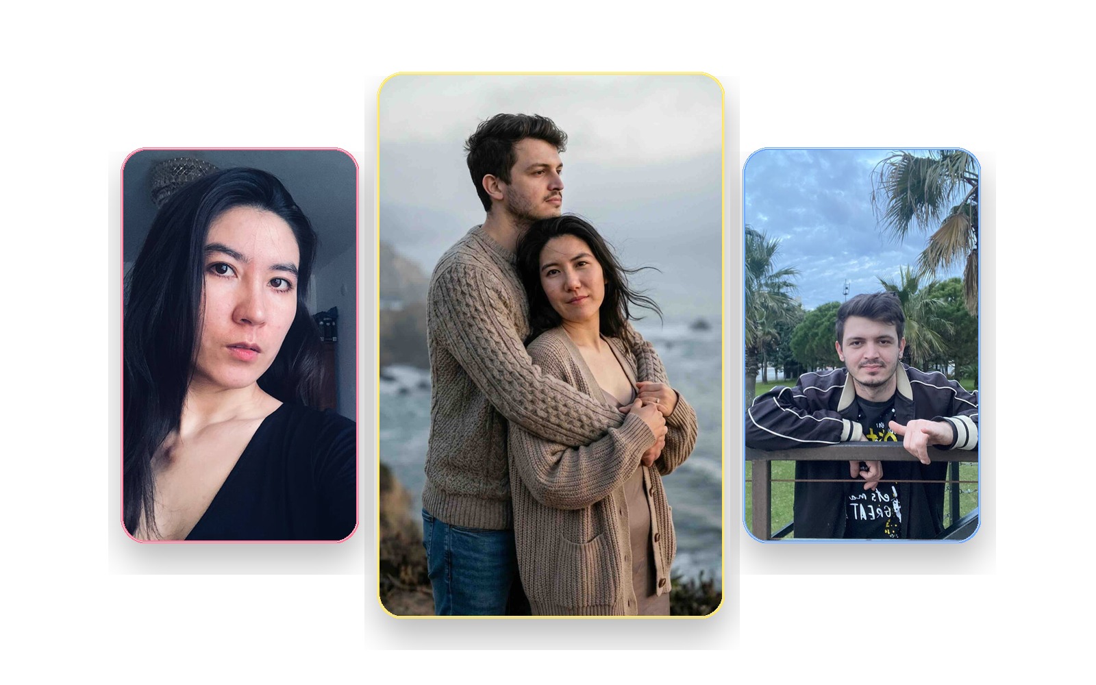 Golden hour collage showing two separate source photos and the AI couple result