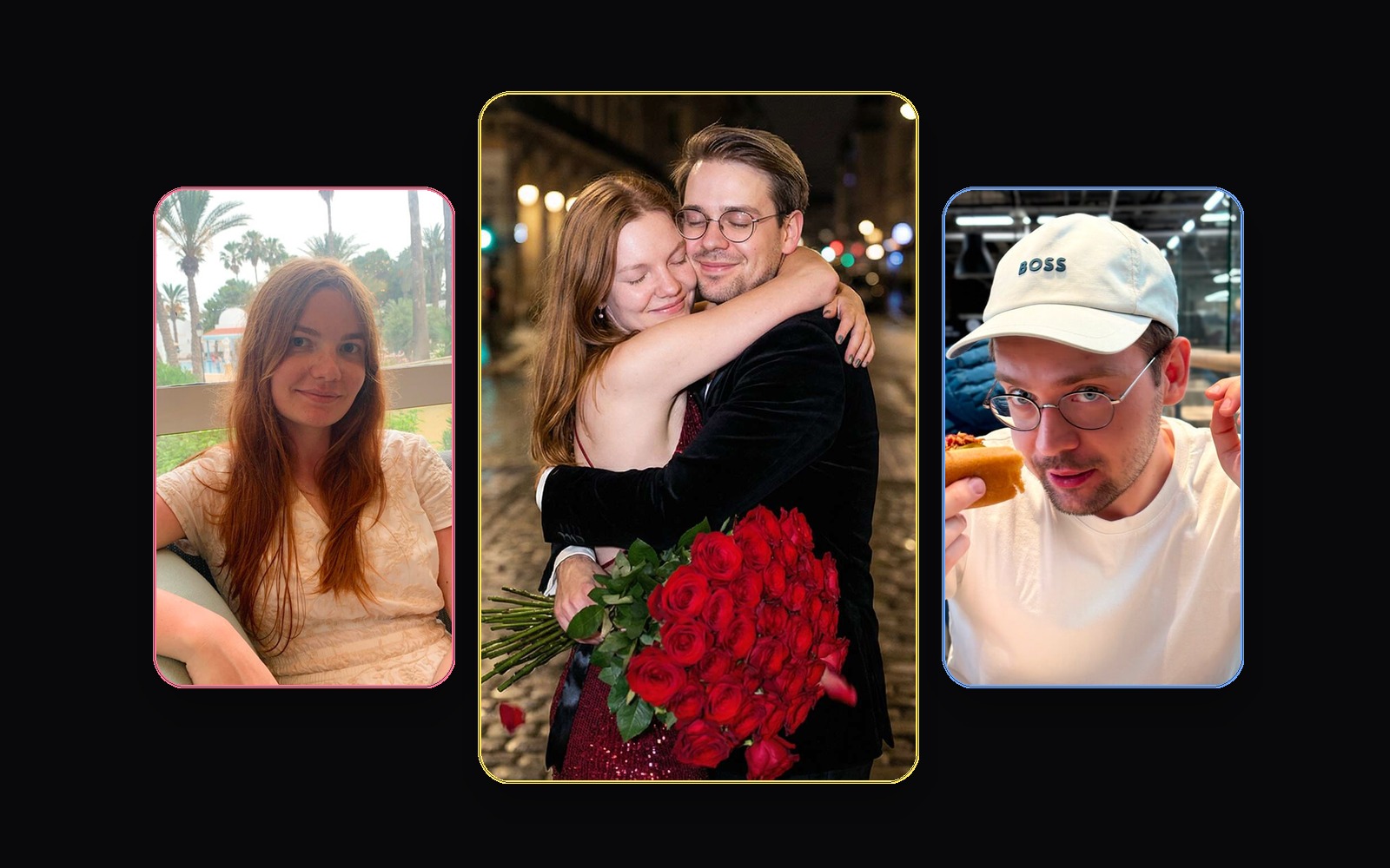 Valentine collage showing two input selfies and the merged AI couple portrait