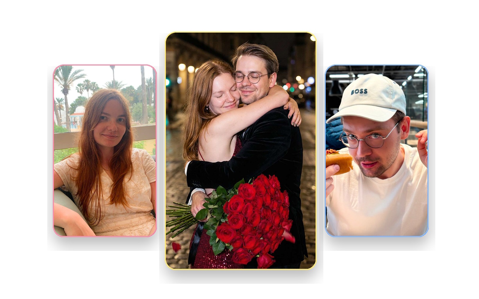Valentine collage showing two input selfies and the merged AI couple portrait