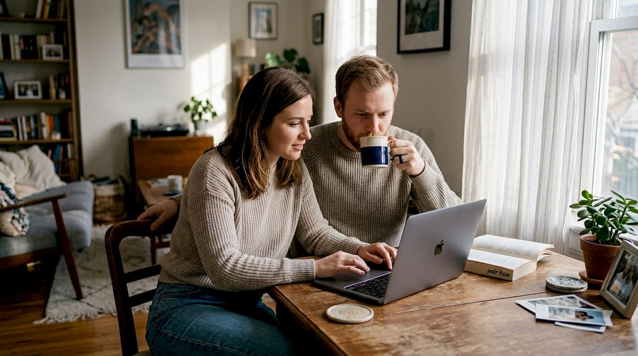 Couple generating romantic photos on laptop